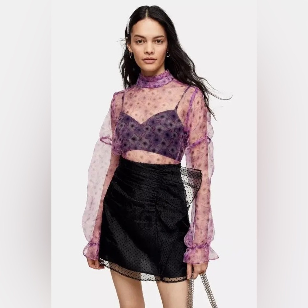TOPSHOP Women’s High Neck Sheer Long Sleeve Floral Purple Blouse size 6